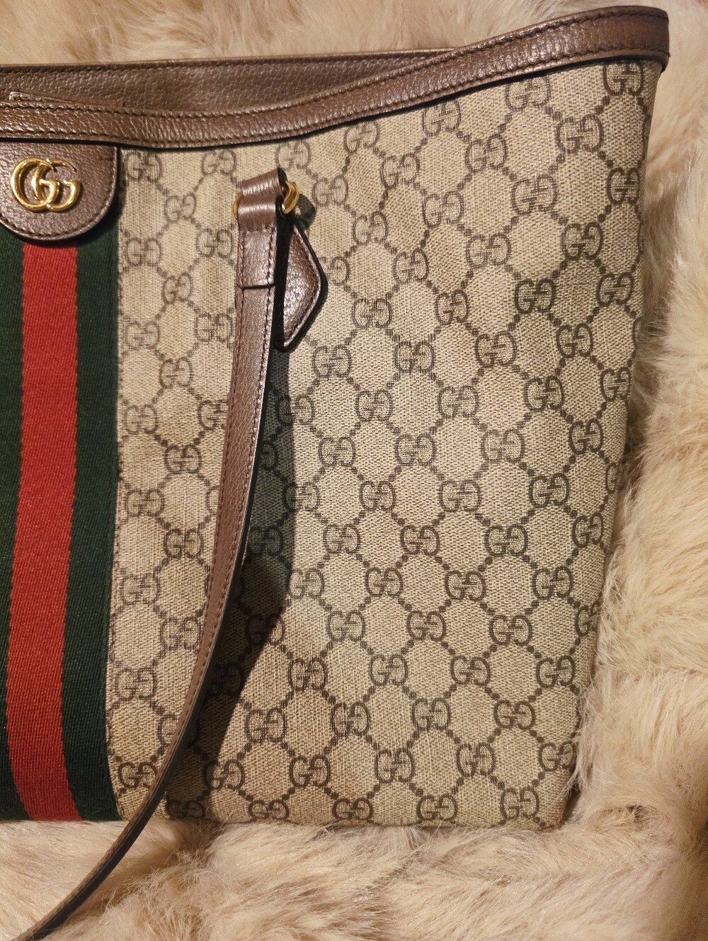 Gucci Ophidia Beige GG Canvas Tote with Brown Trim and Green-Red Web - Picture 3 of 16